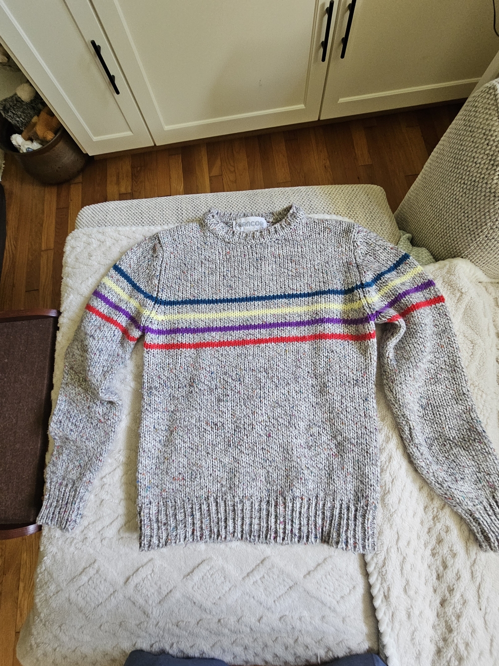 Speckled Crewneck Sweater with Multicolor Chest Stripes